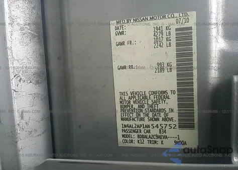 2010 Nissan Altima 2.5 from USA, damaged, VIN 1N4AL2AP1AN545752